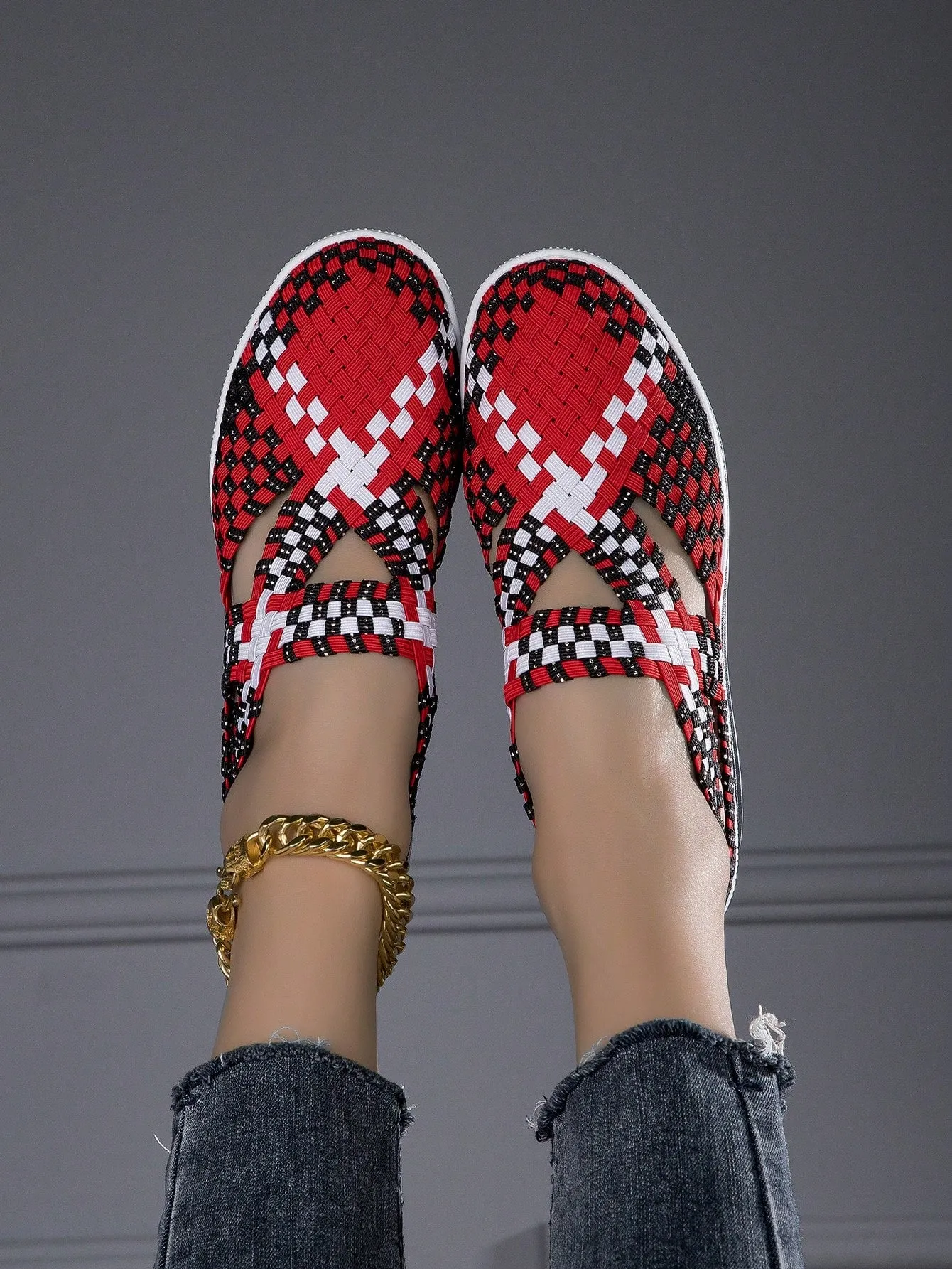 Women Geometric Pattern Cross Strap Wedge Sneakers, Sporty Outdoor Polyester Wedge Sneakers