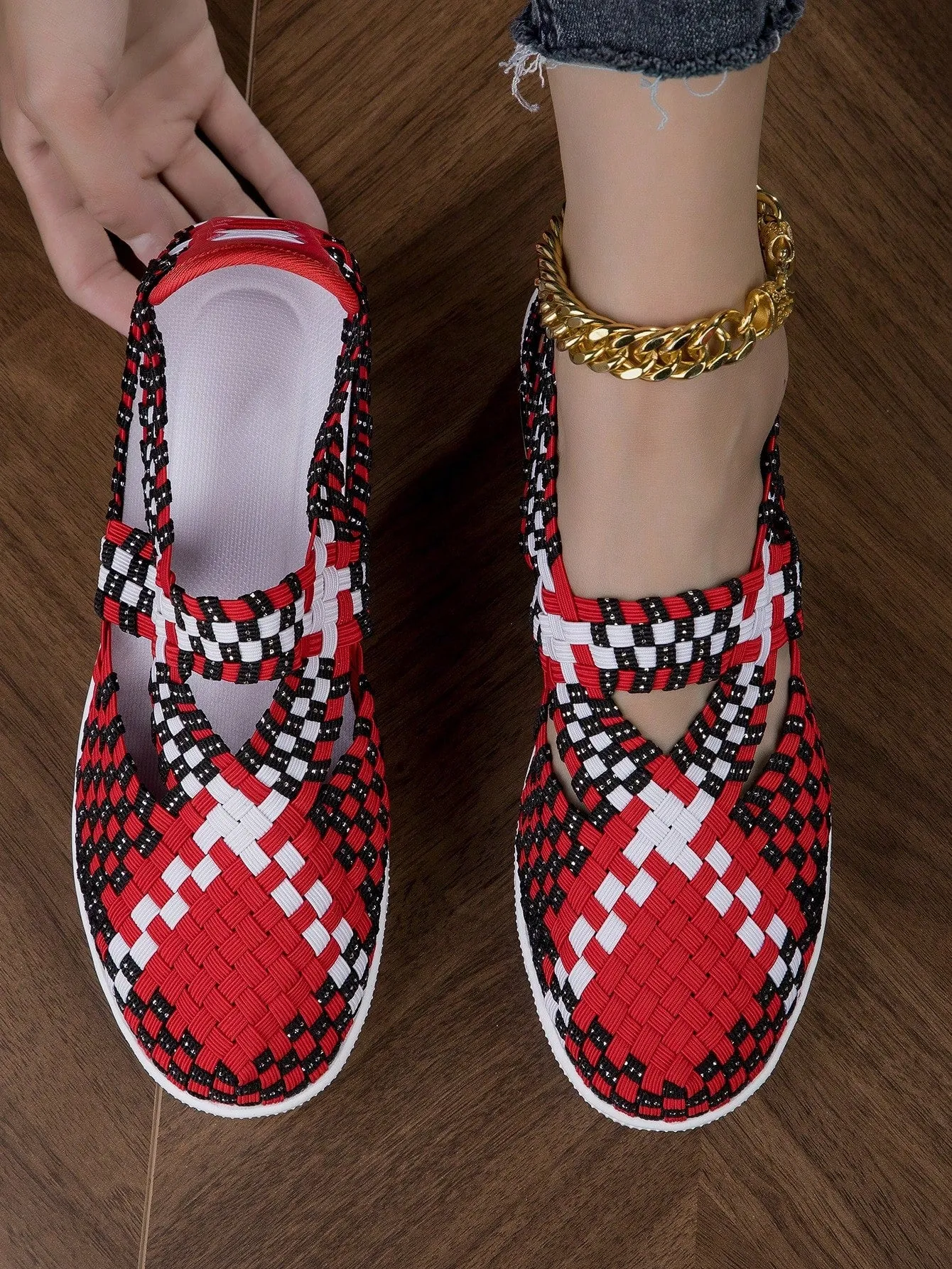Women Geometric Pattern Cross Strap Wedge Sneakers, Sporty Outdoor Polyester Wedge Sneakers