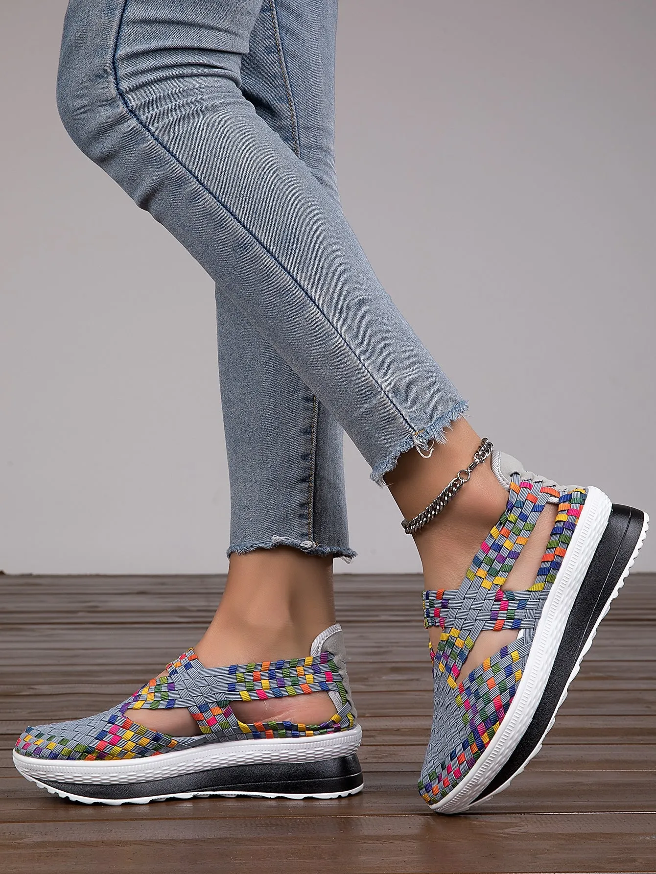 Women Geometric Pattern Cross Strap Wedge Sneakers, Sporty Outdoor Polyester Wedge Sneakers