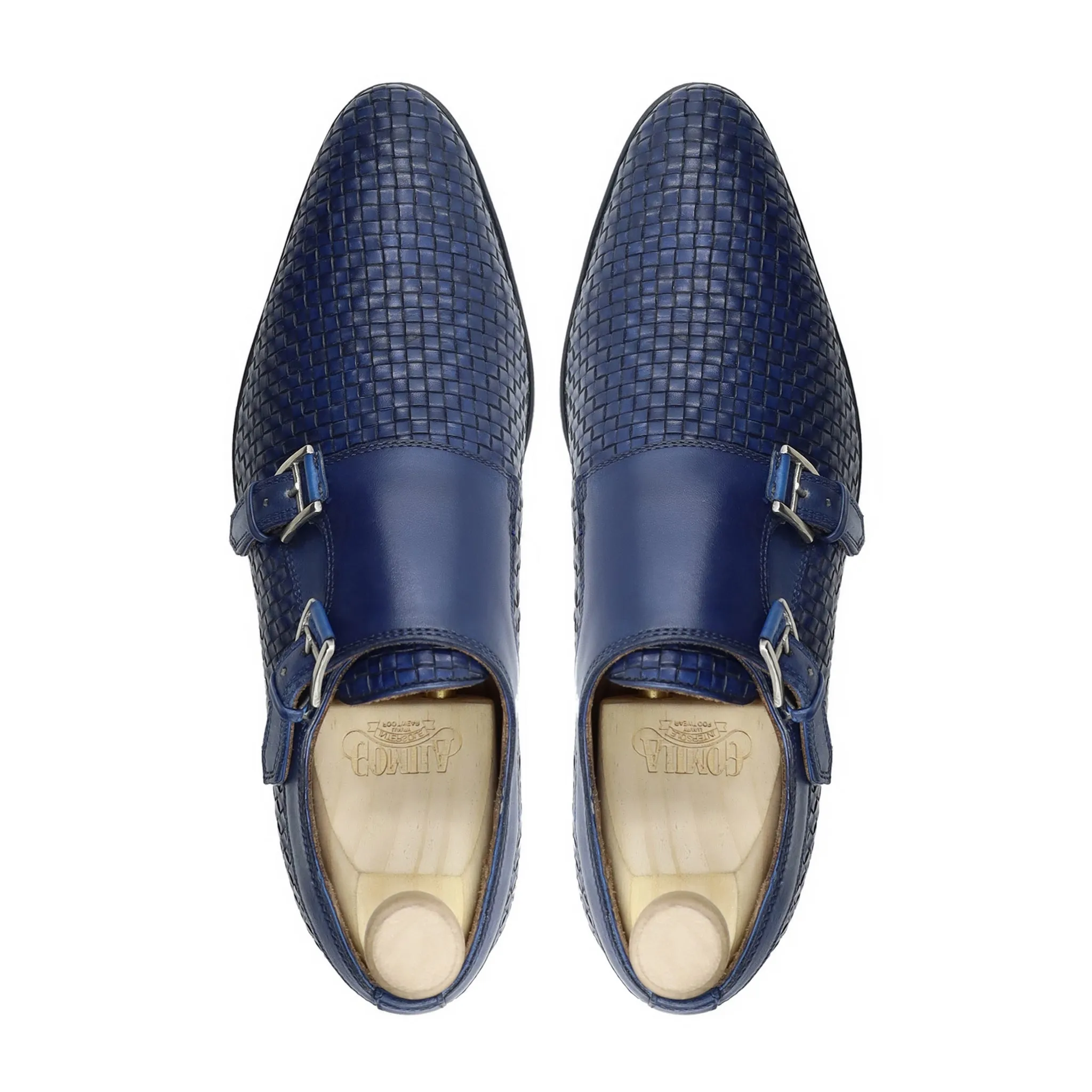 Zonite - Men's Blue Calf and Hand Woven Calf Leather Double Monkstrap